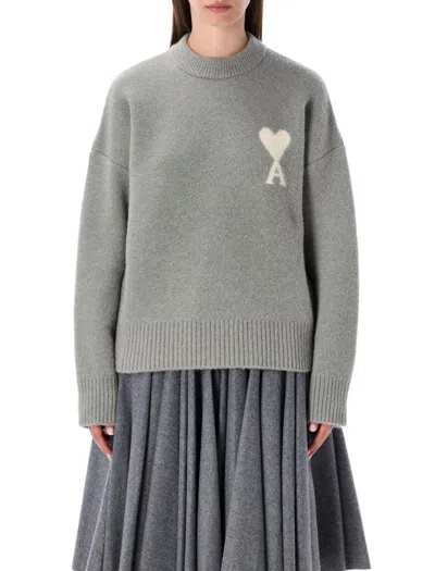 Ami Alexandre Mattiussi Crew Neck White Heart Sweater In Gray