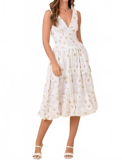Main Strip Low V-neck 3d Floral Midi Dress In White In White