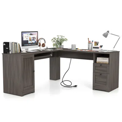 Hivvago 66 Inch L-shaped Computer Desk With Power Outlets In Gray