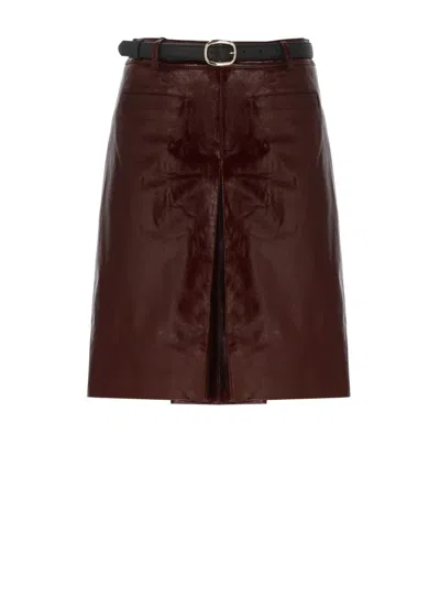 Self-portrait Bordeaux Leather Skirt With Front Slit In Brown