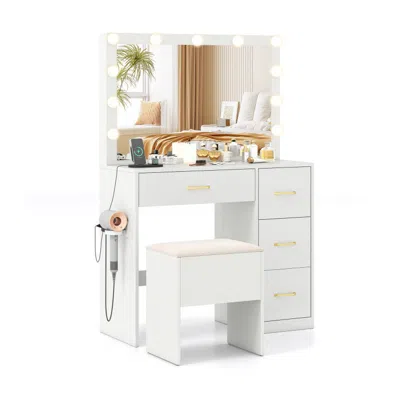 Hivvago Vanity Desk With Mirror And Lights Makeup Dressing Table With Power Outlets In White