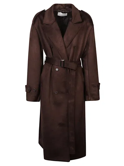 The Frankie Shop Brown Suede Trench Coat With Relaxed Fit In Brown