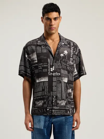 Palm Angels Newspaper Motif Short-sleeved Shirt In Black