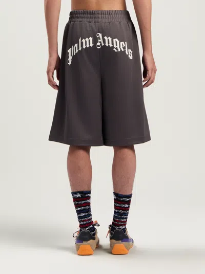 Palm Angels Back Curved Logo Track Shorts In Gray