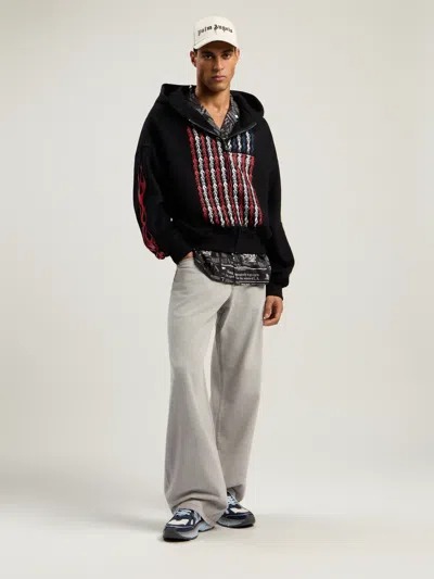 Palm Angels Black Full-zip Hooded Sweatshirt With Flames Flag In Black