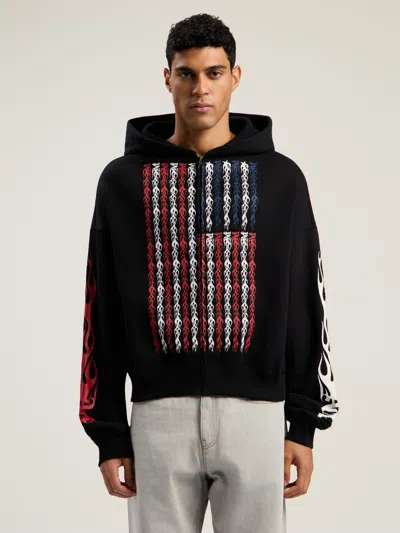 Palm Angels Black Full-zip Hooded Sweatshirt With Flames Flag In Black