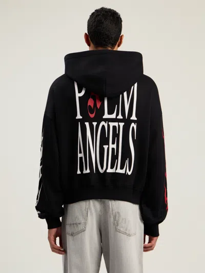 Palm Angels Black Full-zip Hooded Sweatshirt With Flames Flag In Black
