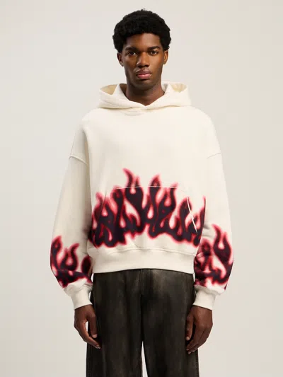 Palm Angels Graphic Flame Print Cotton Hoodie In White