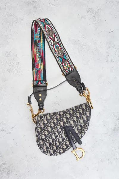 Pre-owned Dior Oblique Trotter Saddle Bag In Blue