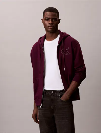 Calvin Klein Jeans Est.1978 Calvin Klein Men's Fleece Monogram Zip Relaxed Hoodie In Burgundy