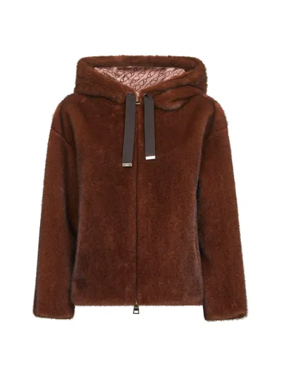 Herno Dark Brown Faux Fur Bomber Jacket With Custom Drawstring Hood In Brown