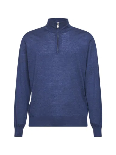 Brunello Cucinelli Blue Cashmere Blend Lightweight Half-zip Sweater
