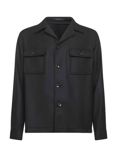 Tagliatore Black Virgin Wool Twill Gbarrow Overshirt In Black