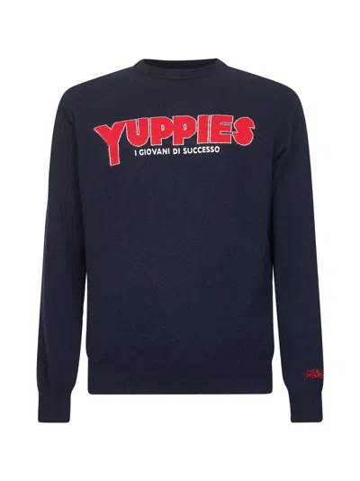 Mc2 Saint Barth Deep Navy Crew Neck Sweater With Bold Lettering In Blue