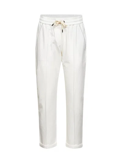 Brunello Cucinelli Track Trousers In Lightweight Stretch Cotton Fleece With Moniline In White