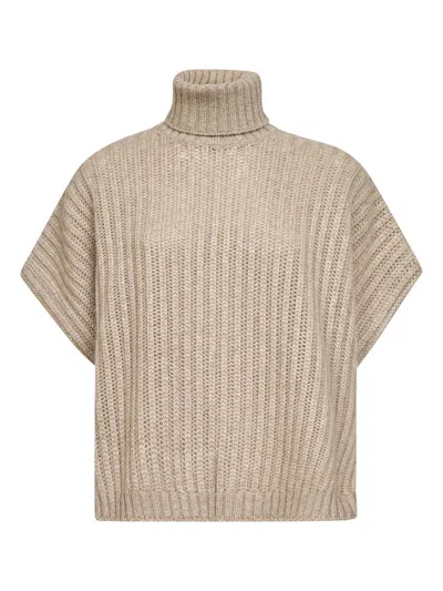 Brunello Cucinelli Women Beige Openwork Rib Cashmere Feather Turtleneck Sweater In Multi