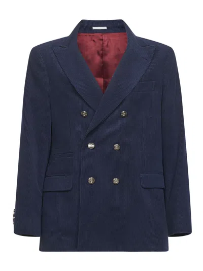 Brunello Cucinelli Capsule Blue Corduroy One-and-a-half-breasted Jacket In Blue