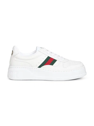 Gucci Men White Sneakers With Web Detail And Oversized Sole In Leather Man In Multi