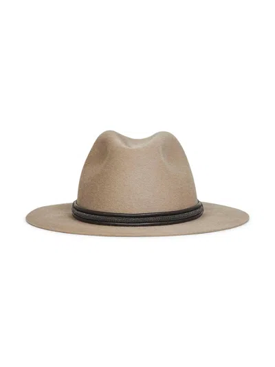 Brunello Cucinelli Capsule Grey Felt Fedora With Leather And Monili Band In Brown