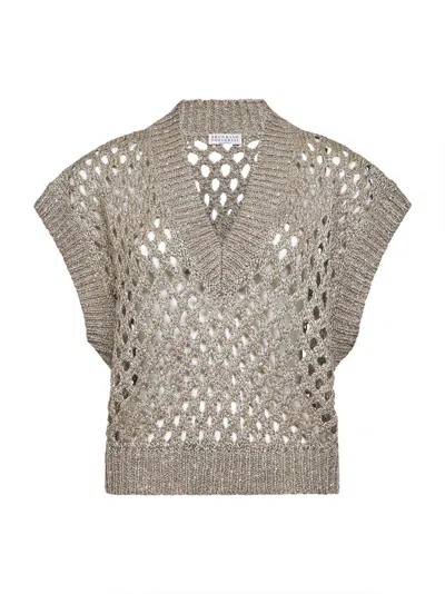 Brunello Cucinelli Women Beige Silk And Linen Dazzling Net Sweater In Multi