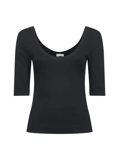 Brunello Cucinelli Ribbed Scoop Neck Short Sleeve Top In Multi