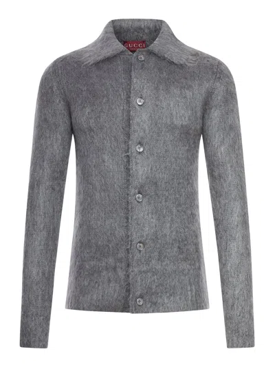 Gucci Men Grey Cardigan With Classic Collar And Brushed Effect In Mohair Blend Woman In Gray