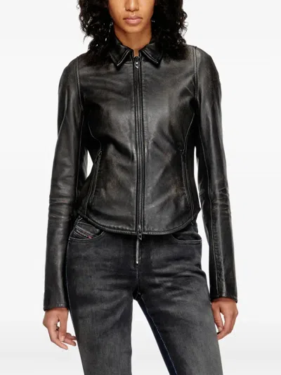 Diesel Distressed Leather Jacket In Black