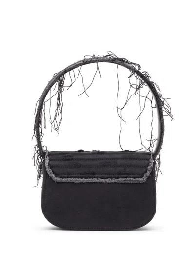 Diesel 1dr Black Shoulder Bag With Oval D Plaque With Rhinestones And Fringed Edges In Cotton And Leather B