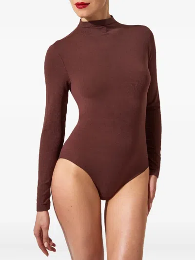 Wolford High Neck Long Sleeve Stretch Body In Brown