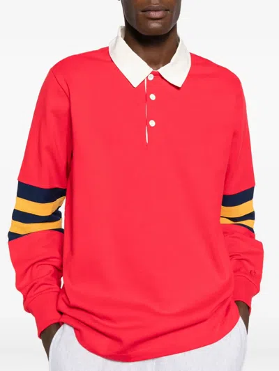 Champion Stripe-detail Long-sleeve Polo Shirt In Red