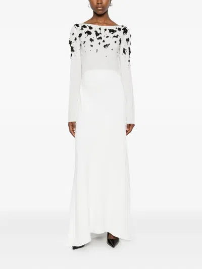 Alberta Ferretti Beaded Long-sleeve Dress In White