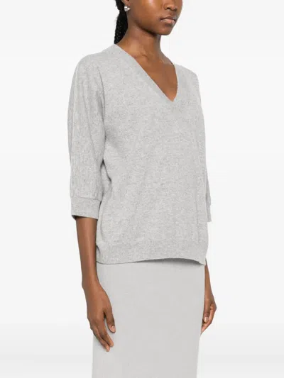 Tabaroni Cashmere Relaxed Fit Grey Cashmere Sweater With V-neckline And Ribbed Cuffs In Gray