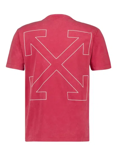 Off-white Ribbed Neck Cotton T-shirt With Arrow Design In Pink