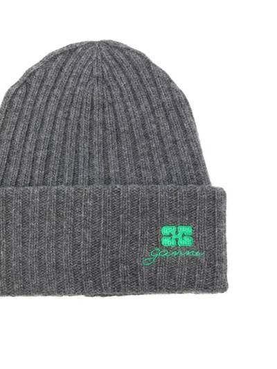 Ganni Core Future Wool Knit Beannie In Gray