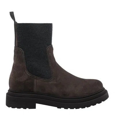 Brunello Cucinelli Women Suede Boot With Knitted Insert And Precious Loop Detail In Brown
