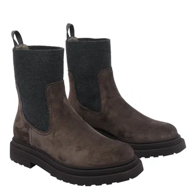Brunello Cucinelli Women Suede Boot With Knitted Insert And Precious Loop Detail In Brown