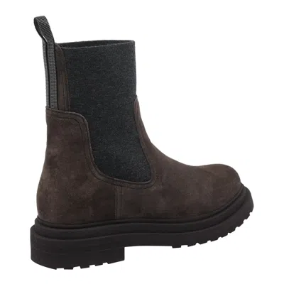 Brunello Cucinelli Women Suede Boot With Knitted Insert And Precious Loop Detail In Brown