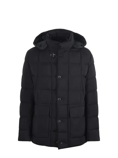 Fay Padded Pea Coat In Melange Canvas In Black