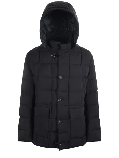 Fay Padded Pea Coat In Melange Canvas In Black
