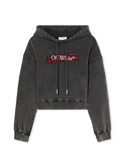 Off-white Cropped Black Hoodie With Red Tartan Patch In Gray