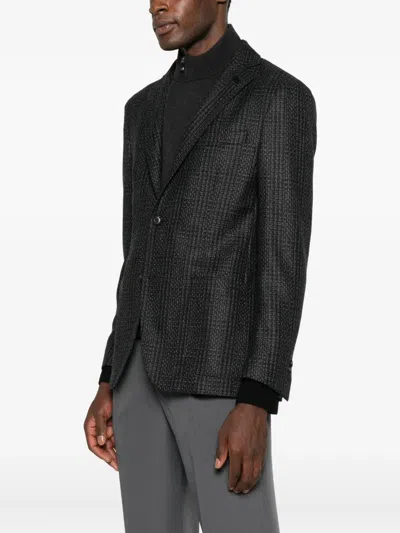 Corneliani Tailored Dark Grey Blazer With Subtle Checkered Pattern In Black