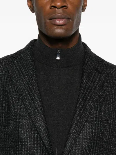 Corneliani Tailored Dark Grey Blazer With Subtle Checkered Pattern In Black