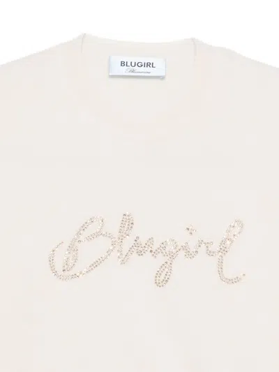 Blugirl Relaxed Fit White Sweater With Sequin Script Logo In Gray