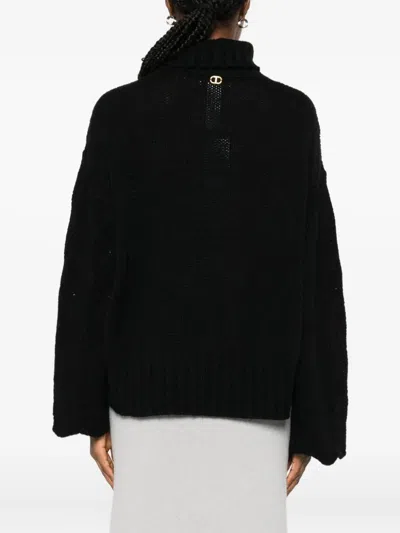 Twinset Textured Knit Sweater With Turtleneck And Scalloped Edges In Black