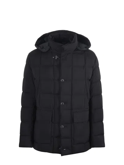 Fay Padded Pea Coat In Melange Canvas In Black