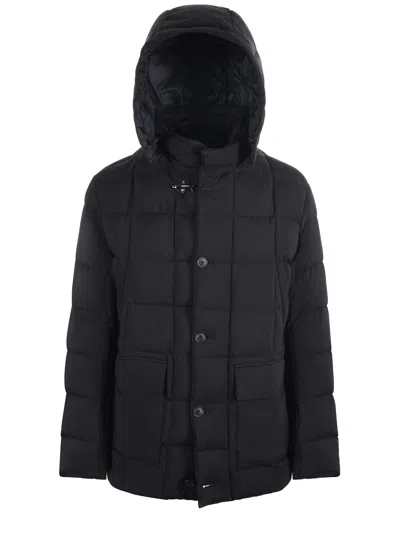 Fay Padded Pea Coat In Melange Canvas In Black