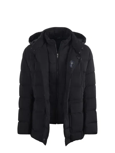Fay Padded Pea Coat In Melange Canvas In Black