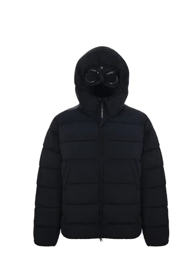 C.p. Company Men Black Down Jacket With Fixed Hood With Googles Detail In Tech Fabric Man In Black