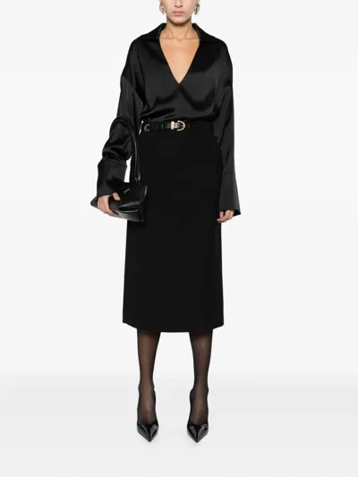 Dunst Black Long Skirt With Belt Loops And Rear Single Slit In Wool Blend Woman In Black