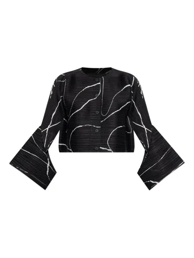 Issey Miyake Abstract Pattern Cropped Cardigan With Flared Sleeves In Black